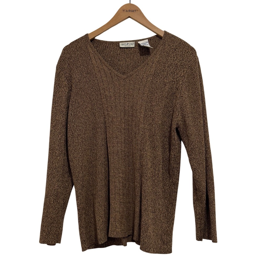 Vintage White Stag Women's Brown Marled V-Neck Long Sleeve Sweater Size 22W/24W - Picture 1 of 5